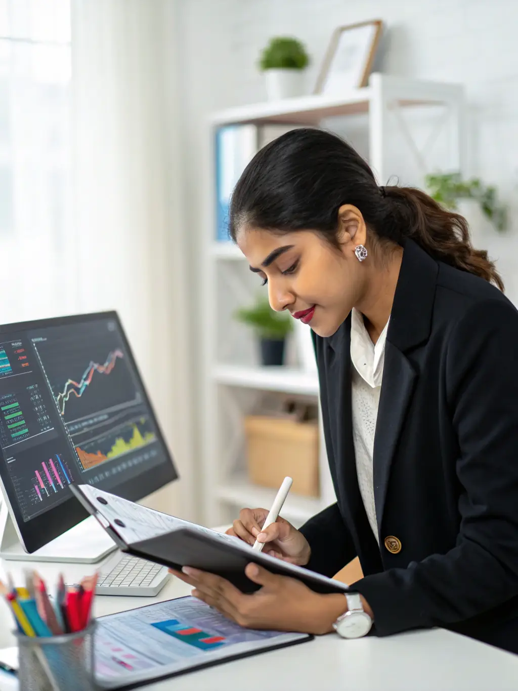 A professional advisor analyzing financial data on a computer screen, representing wealth management services.